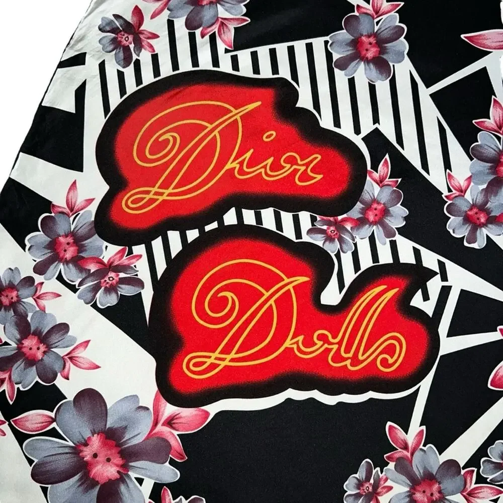 AUTH VTG Christian Dior Dolls Logo Floral Print Silk Large Square Scarf Top
